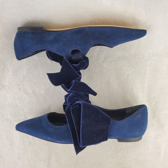 Tory Burch Navy Blue Suede Leather Velvet Bow Clara Ballet Flat Size 6M - Picture 6 of 12